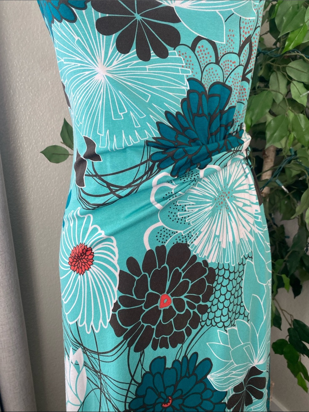 Tommy Bahama Teal and Black Floral Tank Dress With Ruching Waistline Sz M - Picture 6 of 13